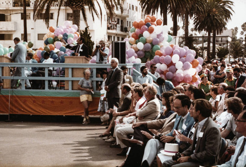 Balloon-festooned stage area at Olympic torch relay on July 21, 1984, Santa Monica, Calif