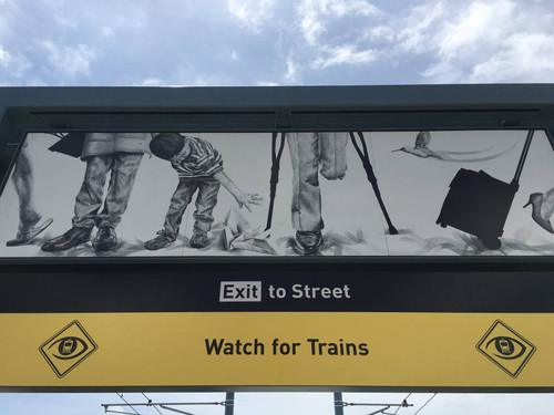 Artwork on gateway arches at Expo Line Westwood/Rancho Park station, May 20, 2016