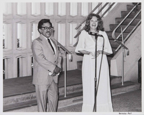 City Librarian Carol Armstrong Aronoff and author Ernest Marquez at the tenth anniversary celebration of the ''new'' Main Library, September 21, 1975