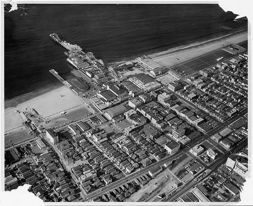 Aerial view of Pacific Ocean Park under construction, Santa Monica, Calif