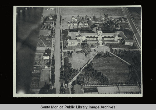 Aerial view of Santa Monica High School, 601 Pico Blvd., Santa Monica, Calif