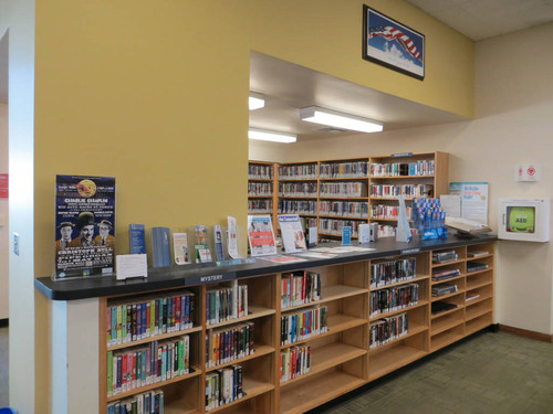 Low shelves with the DVD alcove in the background in the Fairview Branch Library (2101 Ocean Park Blvd.), May 2, 2014, Santa Monica, Calif