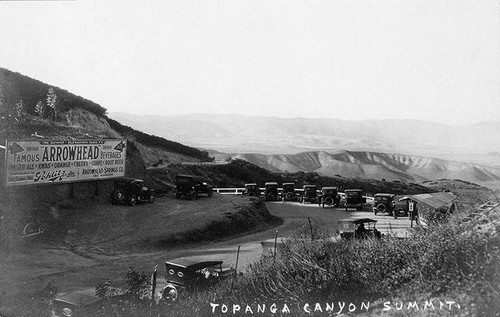 Automobiles parked at the Topanga Canyon Summit, Calif