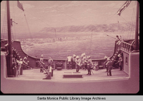 Diorama of Cabrillo weighing anchor off Santa Monica
