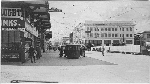 Trolley car and the Hotel Decatur at 107 Marine Street in Ocean Park, Santa Monica, Calif