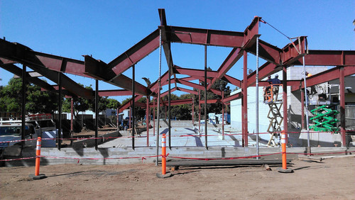 Roof steel at construction site of Pico Branch Library looking from the east, May 2, 2013, Santa Monica, Calif