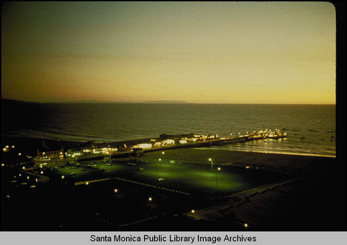 Lights on the Santa Monica Pier at night in May 1986