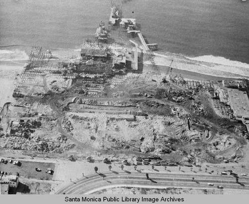 Aerial view of the remains of the Pacific Ocean Park Pier in Santa Monica on December 6, 1974