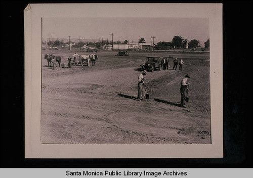 Construction of the Santa Monica Ball Park from 14th Street looking northeast on February 1, 1935