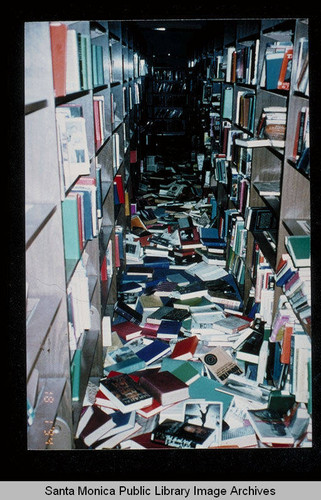 Northridge earthquake, Santa Monica Public Library, Main Library, first floor stacks, January 17, 1994