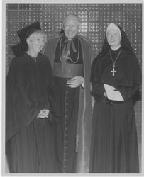 Mrs. Sam Yorty, Cardinal James Francis McIntyre, and Mary Raymunde McKay, R.S.H.M