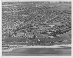 Aerial view of campus logo "L" on hillside, Loyola University of Los Angeles