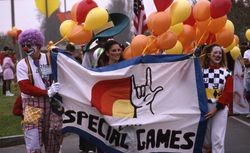LMU Special Games, holding Special Games banner and balloons