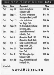 Loyola Marymount University Cross Country Schedule Card