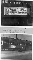 Loyola vs. Centenary football game banner on Pacific Electric streetcar