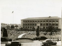 Student assembly in Sunken Garden