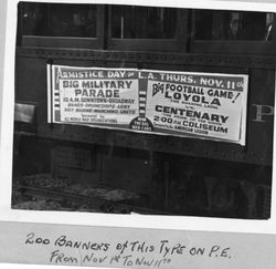 Loyola vs. Centenary football game banner on Pacific Electric streetcar