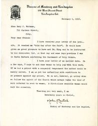 Bishop John Cantwell letter to Mary J. Workman, 1918 February 1