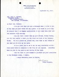 Bishop John Cantwell letter to Mary J. Workman, 1917 September 22