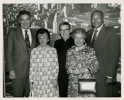 Mayor Bradley, Gladys Burns, Cardinal Manning, Mary Dockweiler Sooy, and Councilman John Ferraro at charity event at St. Vincent's Hospital
