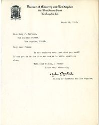 Bishop John J. Cantwell letter to Mary J. Workman, 1918 March 12