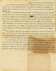 Memo praising the reading habits of children at Brownson Settlement House, November 29, 1919
