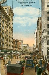 Broadway north from Seventh Street, showing Bullock's Department Store, Los Angeles, Cal