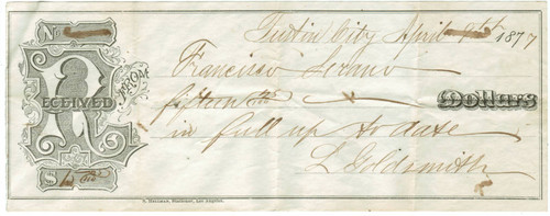 Check written from Francisco Serrano, Tustin City, 1877