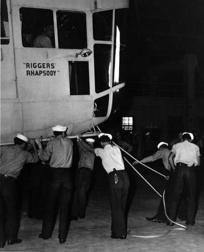 K43 Crew securing blimp "Riggers' Rhapsody" in hangar, Lighter Than Air (LTA) Base, Tustin, October 9, 1943