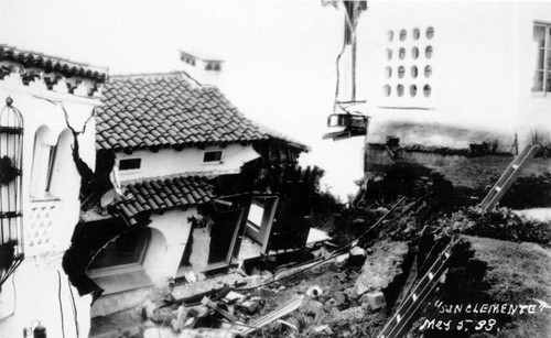 Postcard of front view of the home of San Clemente's first mayor, Thomas F. Murphine, May 5, 1933, two months after the Long Beach earthquake