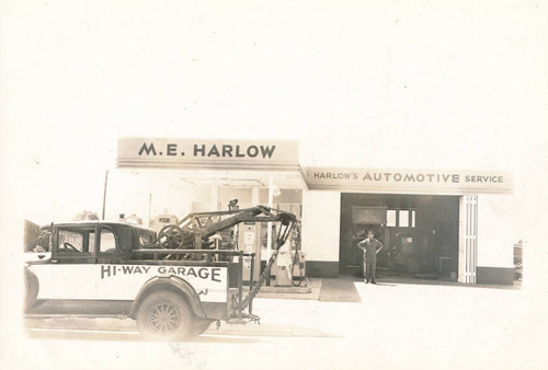 Tow Truck in front of M.E Harlow's Gas Station & Auto Service in Capistrano Beach, 1940s