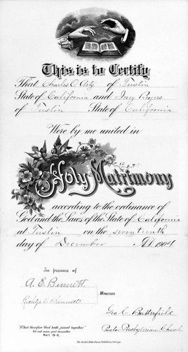 Marriage certificate of Charles O. Artz and Inez E. Byers, Tustin