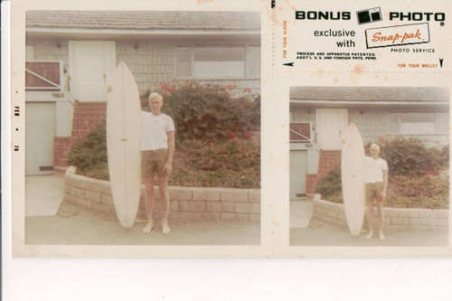 Jeff Quam in Laguna Beach with his Hobie surfboard