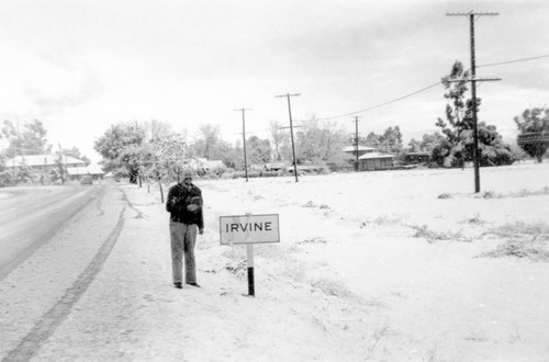 Paul Andres with fresh snow, Irvine, January 11, 1949