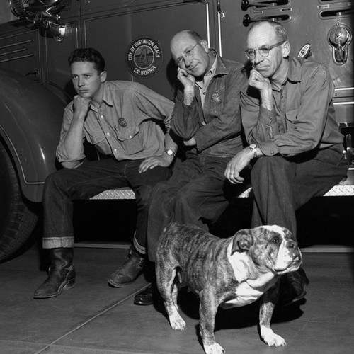 Fred Swartz, Captain Bill Hengoed, Wayne Pickering, and bulldog "Queenie," Huntington Beach Fire Department, February 8, 1951