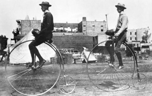 James Harvey Irvine, Sr. and Harry Baechtel on velocipede, 1888