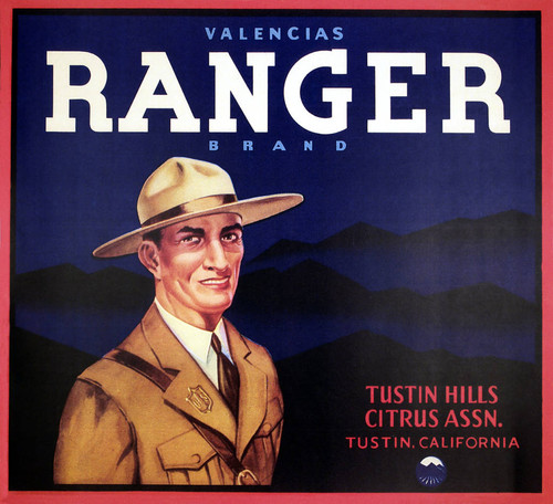 Ranger Brand Valencias, Tustin Hills Citrus Association fruit crate label, ca. 1925