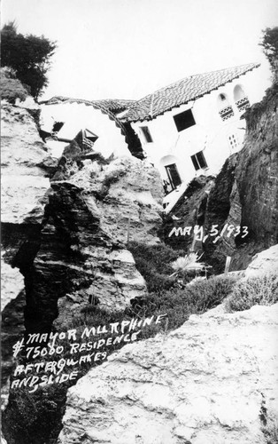 Postcard of the home of San Clemente's first mayor, Thomas F. Murphine, May 5, 1933, two months after the Long Beach earthquake