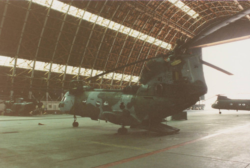 CH-46 Sea Knight helicopter framed in one of the hangars at MCAS Tustin