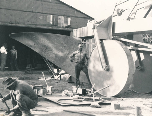 World's largest plow being built, southwest corner of Brookhurst and Bolsa, Westminster, 1930