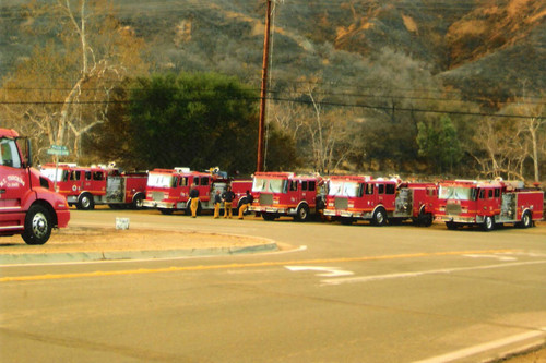 Fire trucks at the Santiago Fire's incident command center