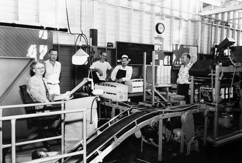 Interior of the Santa Ana/Tustin Mutual Orange Distributors (M.O.D.) packing house, showing machinery and filled boxes, ca. 1938