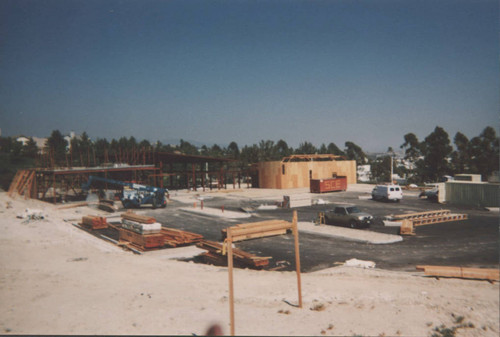 Foothill Ranch Library construction, exterior wooden skim of community room begins