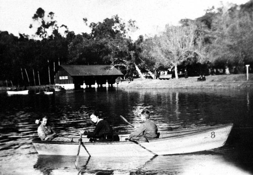 Marian Stanley Batchelder, Helen Stanley Smith and unidentified boy boating at Irvine Park