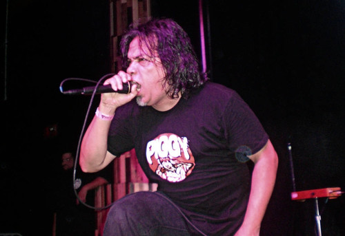 Vocalist Ron Reyes at a Black Flag show, Santa Ana — Calisphere
