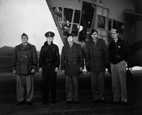 Officers and gondola, Lighter Than Air (LTA) Base, Tustin, 1942 or 1943