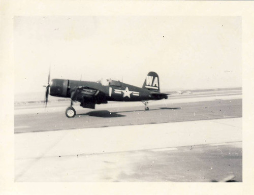 F4U-4 Corsair Marine fighter jet taxying on runway, MCAS El Toro, 1947