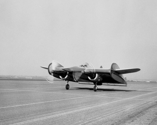 Horton Wingless Airplane rolling on the runway during a test flight, Orange County Airport, January 1954