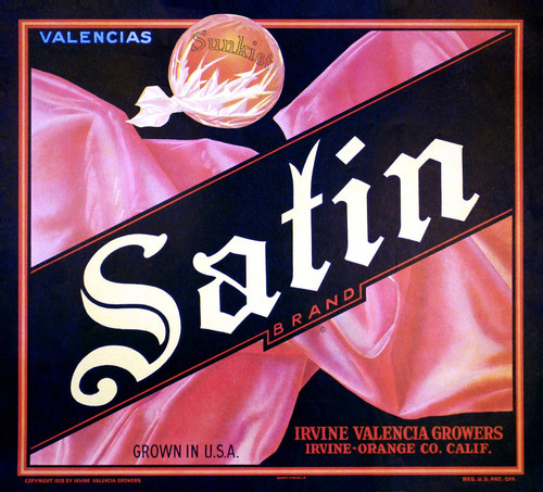 Satin Brand Sunkist Valencias, Irvine Valencia Growers fruit crate label, ca. 1930