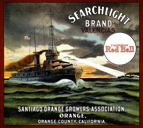 Searchlight Brand Red Ball Valencias, Santiago Orange Growers Association fruit crate label, ca. 1920